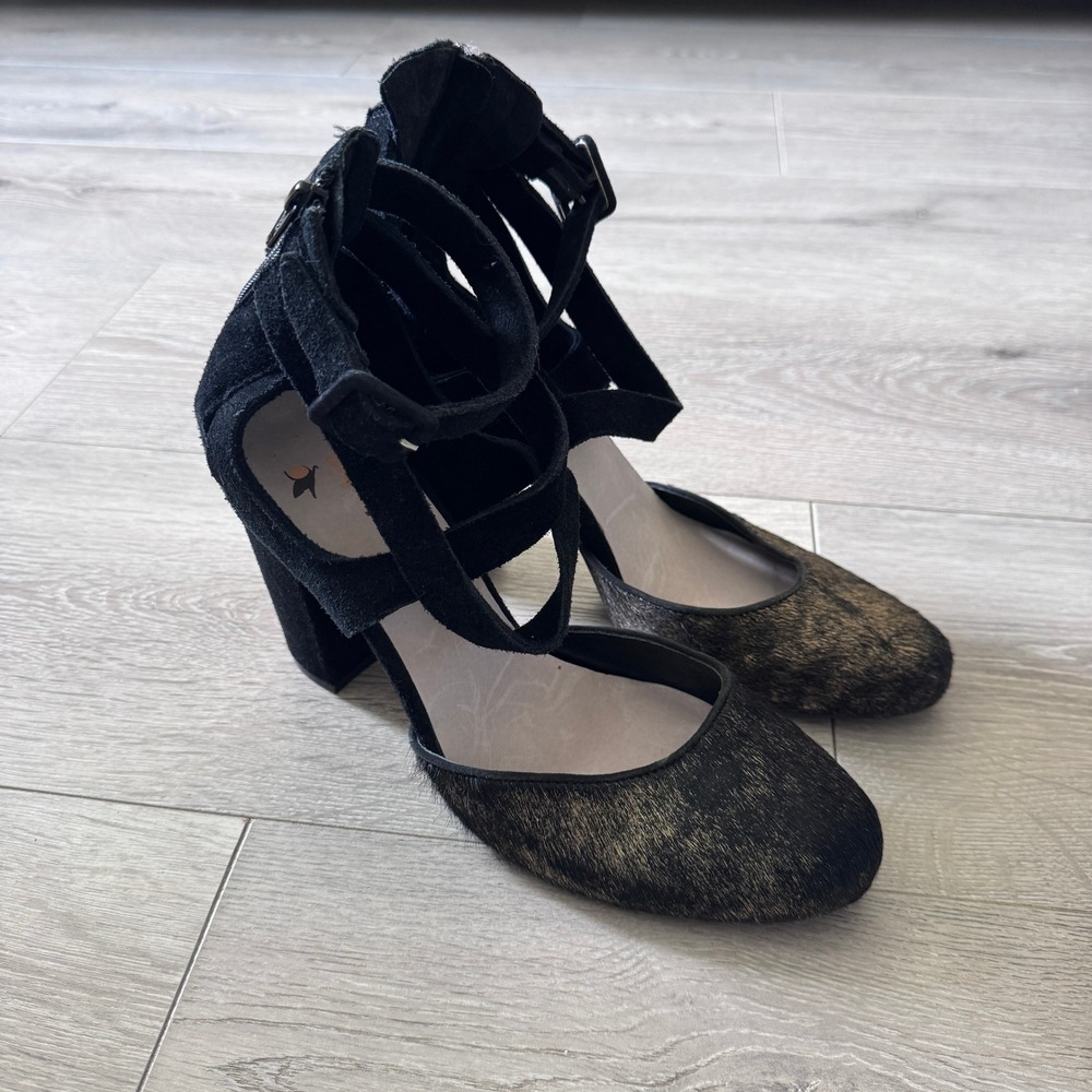 Farylrobin Size 10 Black Suede Calf Hair‎ Multi Strap Block Heel Caged Pumps